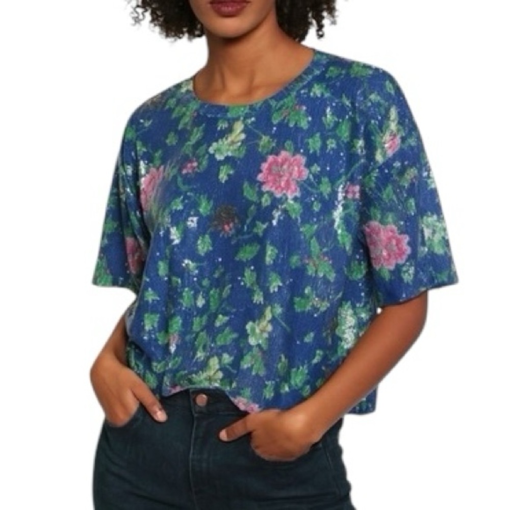 Zara Trafaluc Blue Floral Sequin Embellished Short Sleeve Top - M